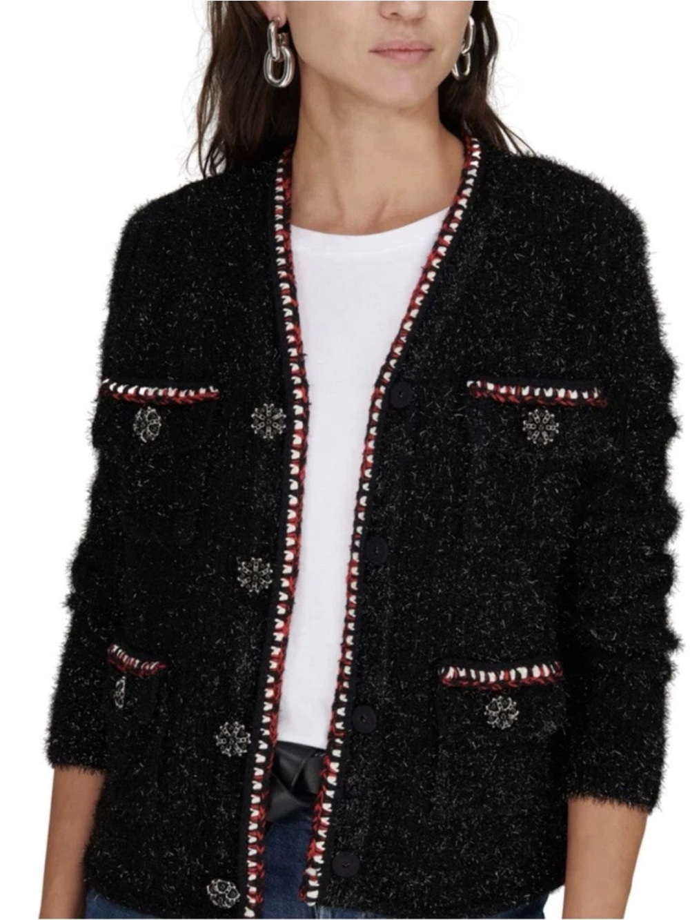 Self-Portrait Black Textured Cardigan with Red & White Trim